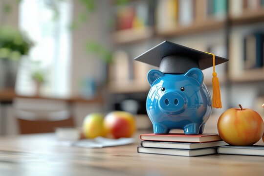 Blue piggy bank with graduation cap, books, and apples on table symbolizes education savings and financial planning for students