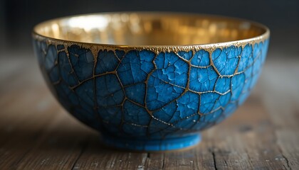 Close-up of a Broken Blue Bowl on a Wooden Surface with Gold Accents  By Tuty