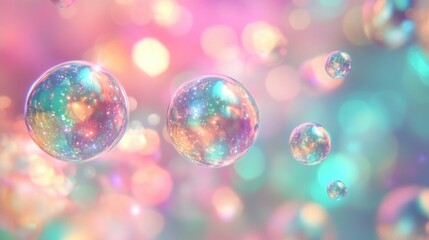 Iridescent soap bubbles floating against a dreamy bokeh background