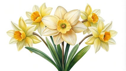 Fototapeta premium Watercolor painting featuring a bouquet of spring daffodils with prominent trumpet details