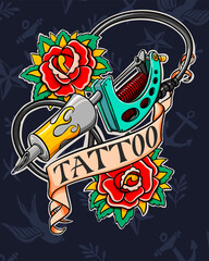Traditional Tattoo Machine with Red Roses and Ribbon Vector Illustration