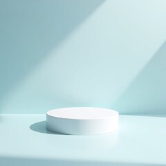 Minimalist White Cylindrical Podium on Glossy Pastel Blue Background with Soft Lighting for Product Display