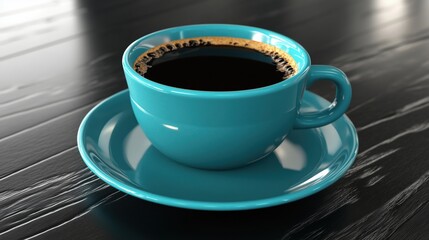 Vibrant turquoise coffee cup on dark wooden table with rich black coffee inside enjoying a quiet morning moment