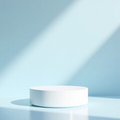 Minimalist White Cylindrical Podium on Glossy Pastel Blue Background with Soft Lighting for Product Display