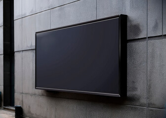 Mockup placa de rua, outdoor, pendurado em parede de concreto, lateralmente, fundo preto moldura em metal. Arte, ilustração para apresentar logo, marca, logomarca, branding, moodboard. 