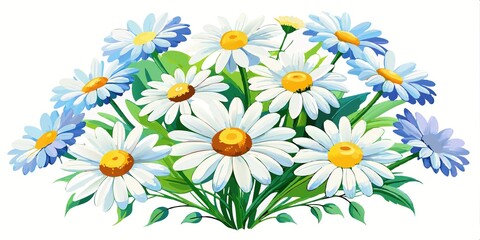 Obraz premium A vibrant collection of daisies, some with bluetinged petals and green leaves