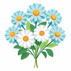 A bouquet of daisies in shades of blue and white with leaves
