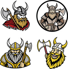 Four viking warrior illustrations with horned helmets and axes on a white background design set