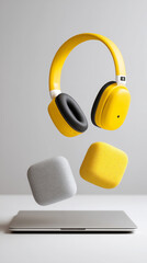 Podcast startup gear floating above laptop with copy space