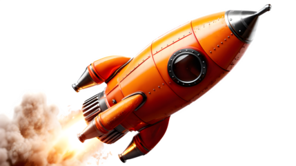 Toy rocket ship mid-launch angle, isolated on transparent background,