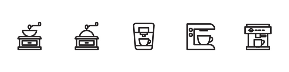 Coffee line icon set. Beans bag, roasting, turkish cezve, drip pods, percolator, chorreador, filters, capsules, espresso vector illustrations, coffee beans. Simple outline signs for cafe menu