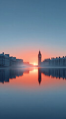 Fototapeta premium Majestic cityscape reflected on tranquil waters at sunrise. Evokes serenity, history, and new beginnings. Perfect for travel, finance, or global themes.