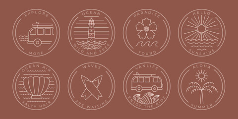 Linear abstract round surf badges with quote . Minimalist summer resort, camp paradise vibe for sticker, card, web design