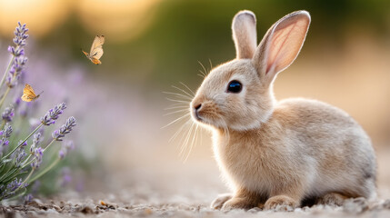 Obraz premium Tranquil garden scene with rabbit and butterflies in springtime