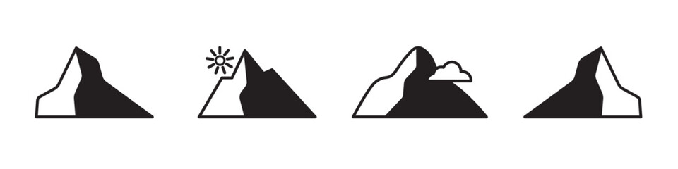 Minimalist Mountain Icons Set &ndash; Black and White Vector Illustrations with Sun and Cloud