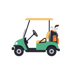 Stylized illustration of green golf cart with yellow canopy and club bag in playful minimalist design on white background