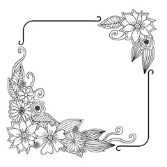 Elegant black and white frame with flowers. Hand-drawn illustration
