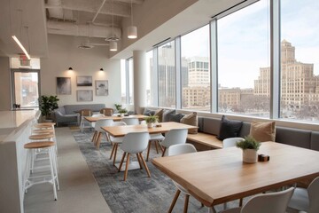 Fototapeta premium Comfortable co-working space interior with modern tables, chairs, and cushioned window seating offering city views and natural light.