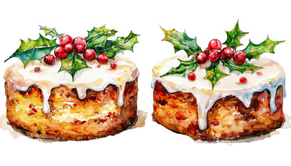 a watercolor painting depicts two traditional christmas fruitcakes adorned with white icing and sprigs of holly berries.