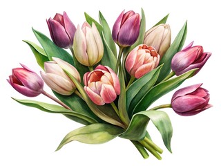 Obraz premium Watercolor Tulips Bouquet in Shades of Pink, Purple, and Cream on White Background
