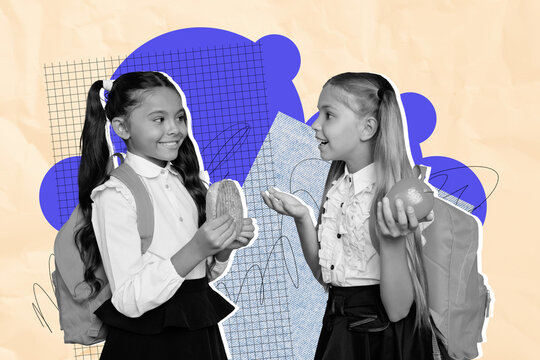 Trend artwork banner sketch 3D photo collage of learn courses pupil back school friends two young girl smile ear ffod snack apple sandwich