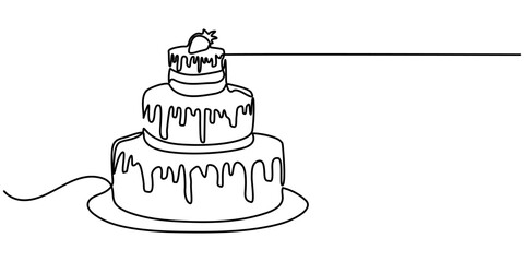Birthday cake continuous one line drawing with candle. Celebration banner anniversary. Vector illustration isolated on white background. Minimalist design.                        