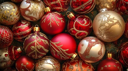 Festive Christmas ornaments in shades of red and gold.