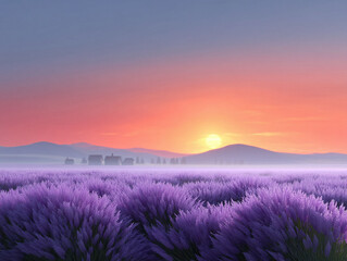 Fototapeta premium Serene lavender field meets a vibrant sunset. Evokes peace, beauty, and tranquility. Perfect for wellness, travel, or mindfulness content.