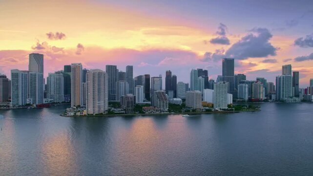 AERIAL Downtown Miami and Brickell Key, FL at sunset
