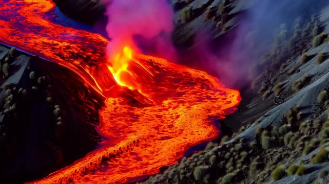 Molten lava flowing down a hillside with hot gasses, creating a dramatic volcanic landscape.