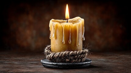 A tall wax candle with a flickering flame and a mirrored reflection on a polished surface, set against a softly illuminated candlelit background.