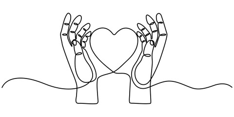 hand holding love shape Hands holding a heart are outlined in a continuous one line drawing, placed on white or transparent background continuous one line drawing, Hand.                      
