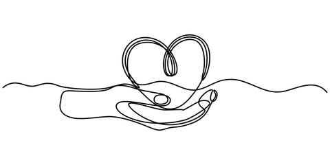 hand holding love shape Hands holding a heart are outlined in a continuous one line drawing, placed on white or transparent background continuous one line drawing, Hand.                      