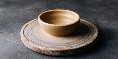 A simple ceramic bowl sits on a round wooden slab. Minimalism, rustic, tableware, design, pottery