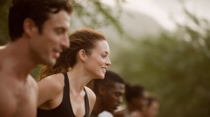 Fototapeta premium group of diverse individuals engaging in outdoor fitness session surrounded by lush greenery and natural beauty