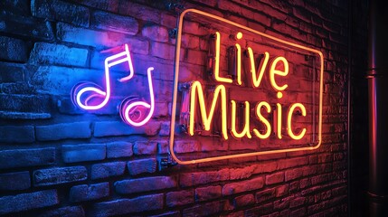 Neon sign for live music on a brick wall.