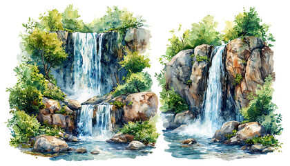 Naklejka premium a pair of watercolor paintings depict lush, rocky waterfalls cascading into tranquil pools surrounded by vibrant greenery.