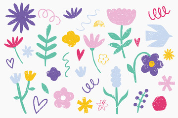 Set Flower Hand drawn crayon pencil vector. Child color crayon chalk hand drawn with plant leaf, spring flower. Pastel floral simple doodle illustration. Brush branch, flowers, botanical floral vector