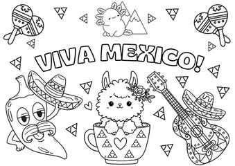 ¡Viva México! texto para una página para colorear infantil; Contorno negro de una llama divertida (alpaca), guitarra y chile jalapeño sobre fondo blanco