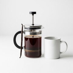 French Press Vanilla Brew with transparent press showing coffee level, vanilla pod placed elegantly, and clean mug setup on solid white background.