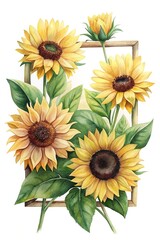 Naklejka premium Watercolor painting featuring sunflowers in a wooden frame, isolated on white