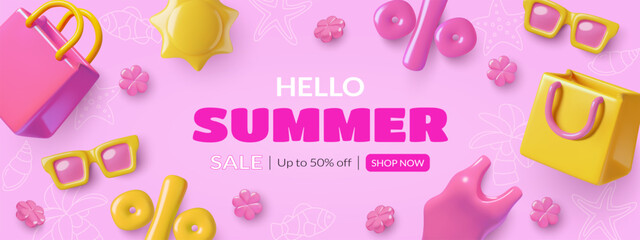 Summer sale banner template with 3d shopping bags, flowers and beach wear on pink background. Modern vector design.