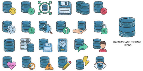 Database simple concept 24 hand drawn color icons set. Contains such artificial intelligence, network security, data, cloud computing .Vector illustration.	