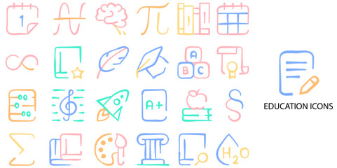 Education 24 color Hand drawn flat icons. Contain such books, pen, pencil, light, clock. Vector illustration.	