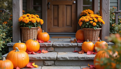 Cozy autumn porch with wicker baskets of bright orange chrysanthemums and pumpkins on stone steps, warm and inviting fall atmosphere.