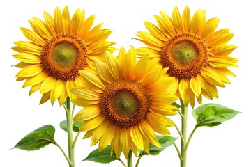 Fototapeta premium Three vibrant sunflowers against a white backdrop, showcasing summer's golden hues