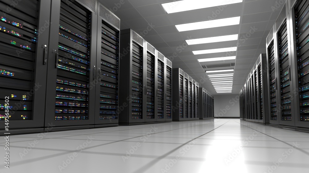 Aufkleber Symmetrical view of a modern server room with illuminated racks and bright overhead lighting, ideal for showcasing advanced cloud infrastructure and digital storage systems