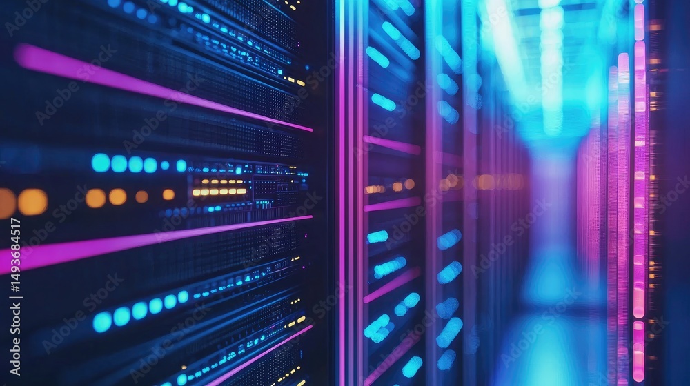 Poster vibrant corridor of glowing server racks with blue, pink, and orange lights in a futuristic data cen