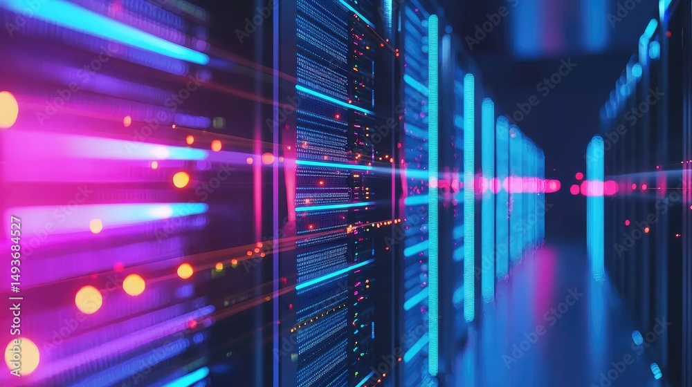 Poster High-tech data center corridor with vibrant neon lights and glowing server racks, representing futuristic digital infrastructure and advanced cloud network operations