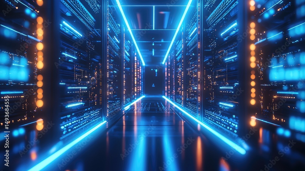 Leinwandbilder futuristic data center corridor with illuminated blue and orange server racks, symbolizing advanced 